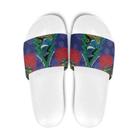 New Zealand Christmas In July Slide Sandals Kowhai Tui Bird With Pohutukawa - Blue LT14 Blue - Polynesian Pride