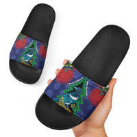 New Zealand Christmas In July Slide Sandals Kowhai Tui Bird With Pohutukawa - Blue LT14 - Polynesian Pride