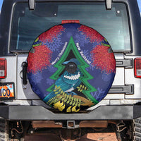 New Zealand Christmas In July Spare Tire Cover Kowhai Tui Bird With Pohutukawa - Blue LT14 Blue - Polynesian Pride