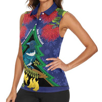 New Zealand Christmas In July Women Sleeveless Polo Shirt Kowhai Tui Bird With Pohutukawa - Blue LT14 - Polynesian Pride