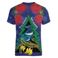 New Zealand Christmas In July Women V-Neck T-Shirt Kowhai Tui Bird With Pohutukawa - Blue LT14 - Polynesian Pride