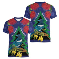 New Zealand Christmas In July Women V-Neck T-Shirt Kowhai Tui Bird With Pohutukawa - Blue LT14 - Polynesian Pride