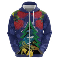 New Zealand Christmas In July Zip Hoodie Kowhai Tui Bird With Pohutukawa - Blue LT14 - Polynesian Pride