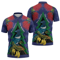 New Zealand Christmas In July Zipper Polo Shirt Kowhai Tui Bird With Pohutukawa - Blue LT14 - Polynesian Pride