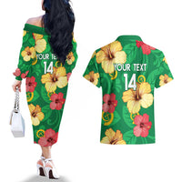 Custom Vanuatu Cricket Couples Matching Off The Shoulder Long Sleeve Dress and Hawaiian Shirt 2024 Tropical Flowers Version LT14 - Polynesian Pride