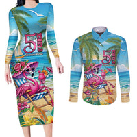 Flamingo Aloha Hawaii Couples Matching Long Sleeve Bodycon Dress and Long Sleeve Button Shirt It's 5 OClock Somewhere Tropical Vibes LT14 Blue - Polynesian Pride