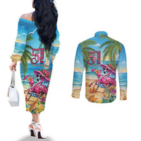 Flamingo Aloha Hawaii Couples Matching Off The Shoulder Long Sleeve Dress and Long Sleeve Button Shirt It's 5 OClock Somewhere Tropical Vibes LT14 - Polynesian Pride