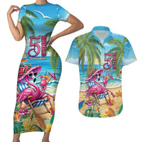 Flamingo Aloha Hawaii Couples Matching Short Sleeve Bodycon Dress and Hawaiian Shirt It's 5 OClock Somewhere Tropical Vibes LT14 Blue - Polynesian Pride