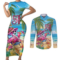 Flamingo Aloha Hawaii Couples Matching Short Sleeve Bodycon Dress and Long Sleeve Button Shirt It's 5 OClock Somewhere Tropical Vibes LT14 Blue - Polynesian Pride