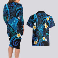 Tokelau Fakaofo Atoll Couples Matching Long Sleeve Bodycon Dress and Hawaiian Shirt Polynesian Tattoo Plumeria With Map LT14 - Polynesian Pride