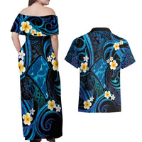 Tokelau Fakaofo Atoll Couples Matching Off Shoulder Maxi Dress and Hawaiian Shirt Polynesian Tattoo Plumeria With Map LT14 - Polynesian Pride