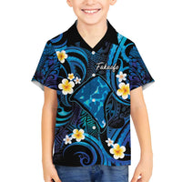 Tokelau Fakaofo Atoll Family Matching Long Sleeve Bodycon Dress and Hawaiian Shirt Polynesian Tattoo Plumeria With Map LT14 Son's Shirt Blue - Polynesian Pride