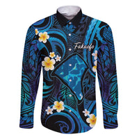 Tokelau Fakaofo Atoll Family Matching Short Sleeve Bodycon Dress and Hawaiian Shirt Polynesian Tattoo Plumeria With Map LT14 Dad's Shirt - Long Sleeve Blue - Polynesian Pride
