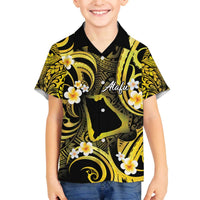 Tokelau Atafu Atoll Family Matching Off The Shoulder Long Sleeve Dress and Hawaiian Shirt Polynesian Tattoo Plumeria With Map LT14 Son's Shirt Gold - Polynesian Pride