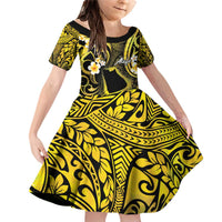 Tokelau Atafu Atoll Family Matching Off Shoulder Short Dress and Hawaiian Shirt Polynesian Tattoo Plumeria With Map LT14 Daughter's Dress Gold - Polynesian Pride
