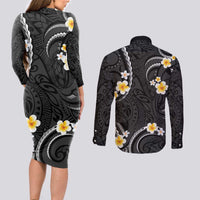 Black And Gray Couples Matching Long Sleeve Bodycon Dress and Long Sleeve Button Shirt Curves Polynesian Tattoo Mix Plumeria Flowers LT14 - Polynesian Pride