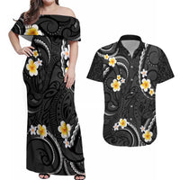 Black And Gray Couples Matching Off Shoulder Maxi Dress and Hawaiian Shirt Curves Polynesian Tattoo Mix Plumeria Flowers LT14 Gray - Polynesian Pride