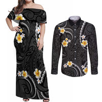 Black And Gray Couples Matching Off Shoulder Maxi Dress and Long Sleeve Button Shirt Curves Polynesian Tattoo Mix Plumeria Flowers LT14 Gray - Polynesian Pride