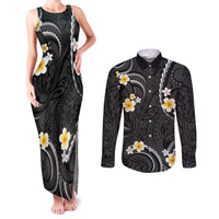 Black And Gray Couples Matching Tank Maxi Dress and Long Sleeve Button Shirt Curves Polynesian Tattoo Mix Plumeria Flowers LT14 Gray - Polynesian Pride