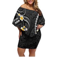 Black And Gray Family Matching Off Shoulder Short Dress and Hawaiian Shirt Curves Polynesian Tattoo Mix Plumeria Flowers LT14 Mom's Dress Gray - Polynesian Pride