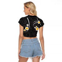 Black And Gray Raglan Cropped T Shirt Curves Polynesian Tattoo Mix Plumeria Flowers