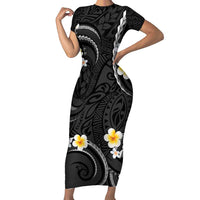 Black And Gray Short Sleeve Bodycon Dress Curves Polynesian Tattoo Mix Plumeria Flowers LT14 Long Dress Gray - Polynesian Pride