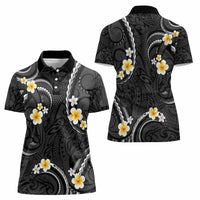 Black And Gray Women Polo Shirt Curves Polynesian Tattoo Mix Plumeria Flowers LT14 - Polynesian Pride