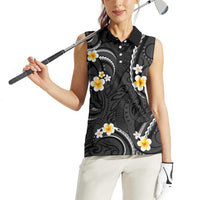 Black And Gray Women Sleeveless Polo Shirt Curves Polynesian Tattoo Mix Plumeria Flowers LT14 - Polynesian Pride