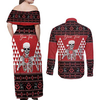 Personalized Hawaii Skull Christmas Couples Matching Off Shoulder Maxi Dress and Long Sleeve Button Shirt Mele Kalikimaka Hawaiian Kakau LT14 - Polynesian Pride