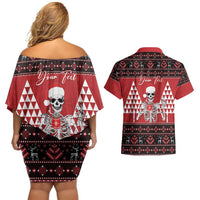 Personalized Hawaii Skull Christmas Couples Matching Off Shoulder Short Dress and Hawaiian Shirt Mele Kalikimaka Hawaiian Kakau LT14 - Polynesian Pride