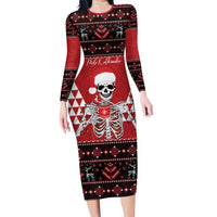 Personalized Hawaii Skull Christmas Family Matching Long Sleeve Bodycon Dress and Hawaiian Shirt Mele Kalikimaka Hawaiian Kakau LT14 Mom's Dress Red - Polynesian Pride