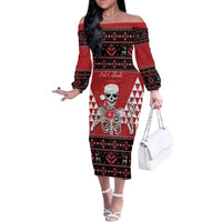 Personalized Hawaii Skull Christmas Off The Shoulder Long Sleeve Dress Mele Kalikimaka Hawaiian Kakau LT14 Women Red - Polynesian Pride
