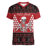 Personalized Hawaii Skull Christmas Women V-Neck T-Shirt Mele Kalikimaka Hawaiian Kakau LT14 Female Red - Polynesian Pride