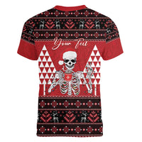 Personalized Hawaii Skull Christmas Women V-Neck T-Shirt Mele Kalikimaka Hawaiian Kakau LT14 - Polynesian Pride