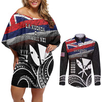 Hawaii Independence Day Couples Matching Off Shoulder Short Dress and Long Sleeve Button Shirt La Kuokoa - Happy 28th November LT14 Black - Polynesian Pride