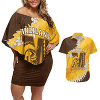Personalized Mililani Hawaii High School Couples Matching Off Shoulder Short Dress and Hawaiian Shirt Puakenikeni Lei Hawaiian Pattern LT14 Yellow - Polynesian Pride