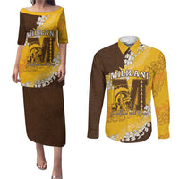 Personalized Mililani Hawaii High School Couples Matching Puletasi and Long Sleeve Button Shirt Puakenikeni Lei Hawaiian Pattern - Polynesian Pride