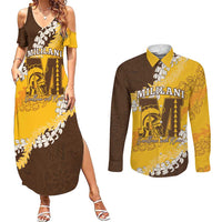Personalized Mililani Hawaii High School Couples Matching Summer Maxi Dress and Long Sleeve Button Shirt Puakenikeni Lei Hawaiian Pattern - Polynesian Pride