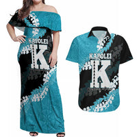 Personalized Kapolei Hawaii High School Couples Matching Off Shoulder Maxi Dress and Hawaiian Shirt Puakenikeni Lei Hawaiian Pattern LT14 Teal - Polynesian Pride
