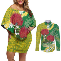 Personalized Leilehua Hawaii High School Couples Matching Off Shoulder Short Dress and Long Sleeve Button Shirt Puakenikeni Lei Hawaiian Pattern LT14 Green - Polynesian Pride