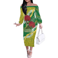 Personalized Leilehua Hawaii High School Family Matching Off The Shoulder Long Sleeve Dress and Hawaiian Shirt Puakenikeni Lei Hawaiian Pattern LT14 Mom's Dress Green - Polynesian Pride