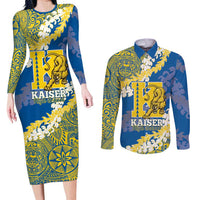 Personalized Kaiser Hawaii High School Couples Matching Long Sleeve Bodycon Dress and Long Sleeve Button Shirt Puakenikeni Lei Hawaiian Pattern LT14 Blue - Polynesian Pride