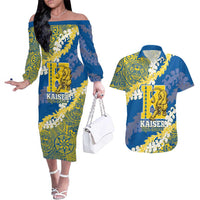 Personalized Kaiser Hawaii High School Couples Matching Off The Shoulder Long Sleeve Dress and Hawaiian Shirt Puakenikeni Lei Hawaiian Pattern LT14 Blue - Polynesian Pride