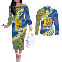 Personalized Kaiser Hawaii High School Couples Matching Off The Shoulder Long Sleeve Dress and Long Sleeve Button Shirt Puakenikeni Lei Hawaiian Pattern LT14 Blue - Polynesian Pride