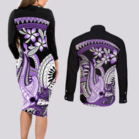 Purple Polynesian Couples Matching Long Sleeve Bodycon Dress and Long Sleeve Button Shirt Hammerhead Shark Tattoo Royal Plumeria Gradient Vibes LT14 - Polynesian Pride