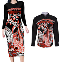 Red Polynesian Couples Matching Long Sleeve Bodycon Dress and Long Sleeve Button Shirt Hammerhead Shark Tattoo Royal Plumeria Gradient Vibes LT14 Red - Polynesian Pride