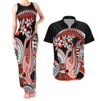 Red Polynesian Couples Matching Tank Maxi Dress and Hawaiian Shirt Hammerhead Shark Tattoo Royal Plumeria Gradient Vibes LT14 Red - Polynesian Pride