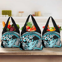 Turquoise Polynesian Hammerhead Shark Tattoo Grocery Bag Royal Plumeria Gradient Vibes