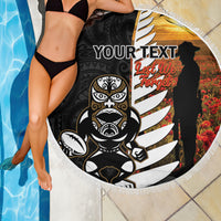 Custom New Zealand Silver Fern Rugby ANZAC Day Beach Blanket 2024 All Black Tiki Mascot LT14 - Polynesian Pride
