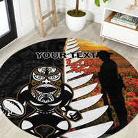 Custom New Zealand Silver Fern Rugby ANZAC Day Round Carpet 2024 All Black Tiki Mascot LT14 Black - Polynesian Pride
